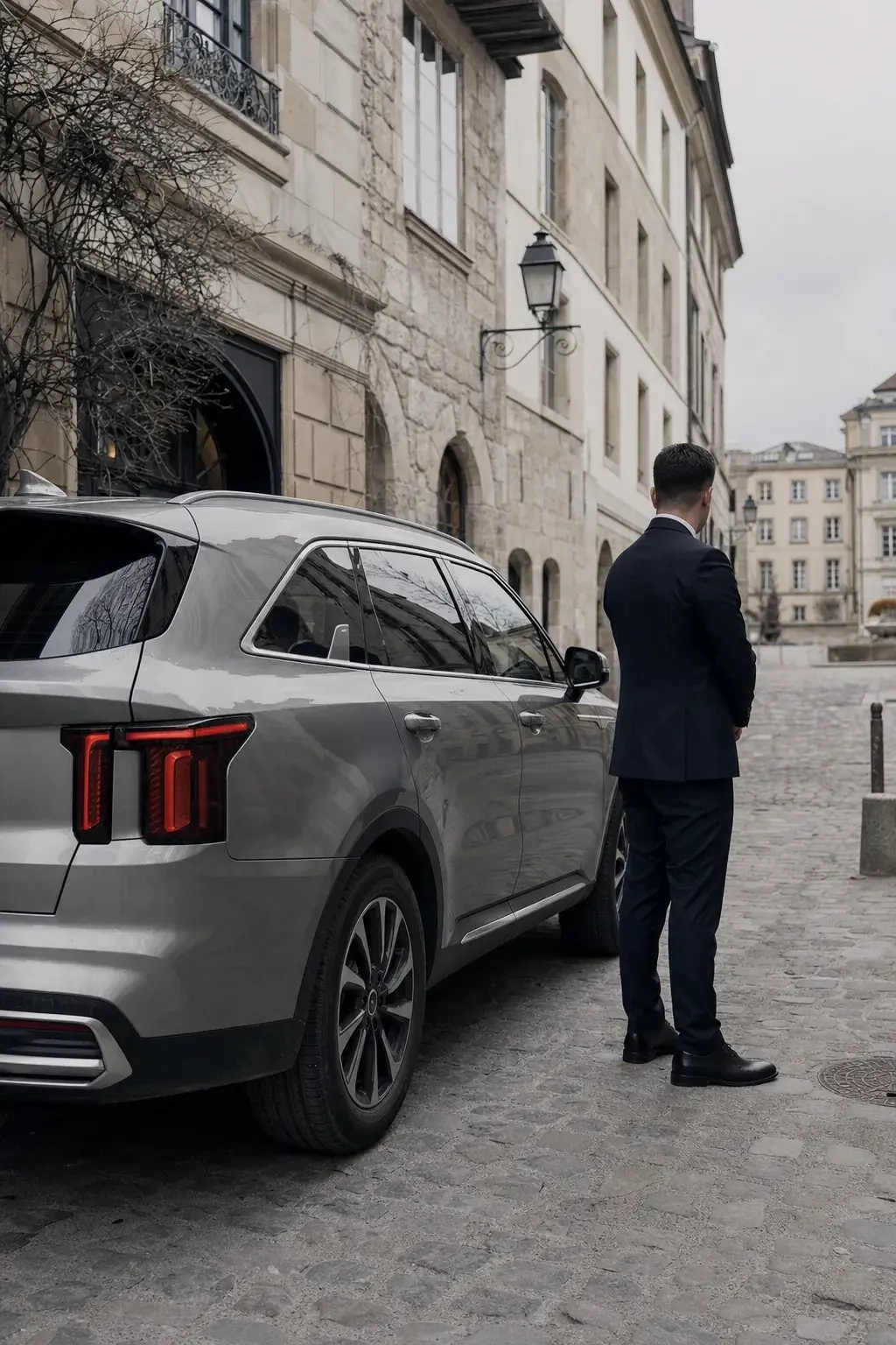 Chauffeur en costume consultant sa montre à côté du véhicule, disponible pour la journée