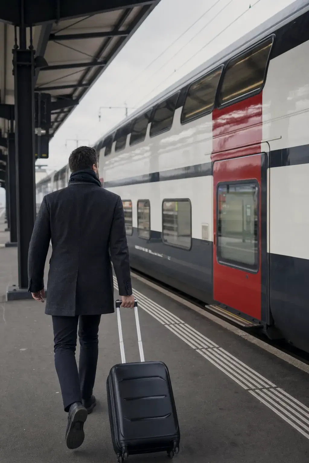 Voyageur longeant un train grandes lignes sur un quai de gare couvert
