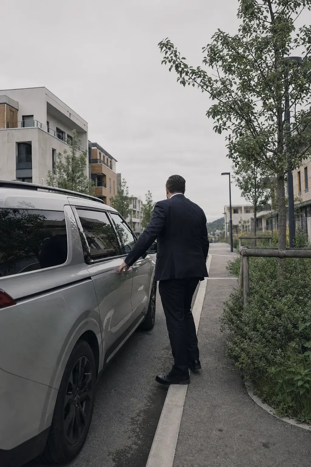 Quartier résidentiel récent de Saint-Genis-Pouilly, le véhicule en attente au bord du trottoir