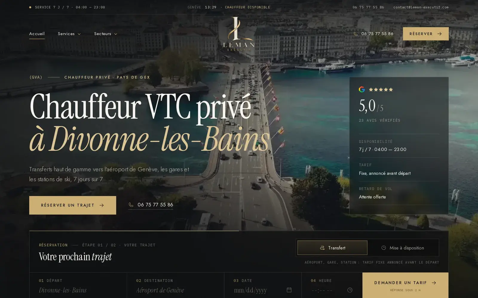 Page d'accueil de Léman Exécutif : vidéo du pont du Mont-Blanc, titre, note Google et module de réservation
