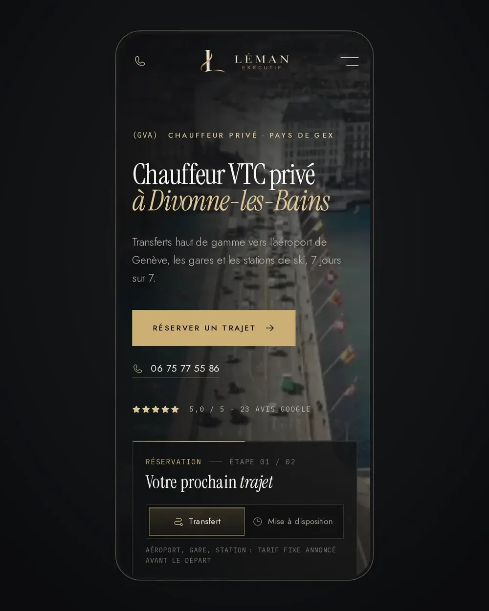 Page d'accueil du site Léman Exécutif affichée sur un smartphone, avec le module de réservation