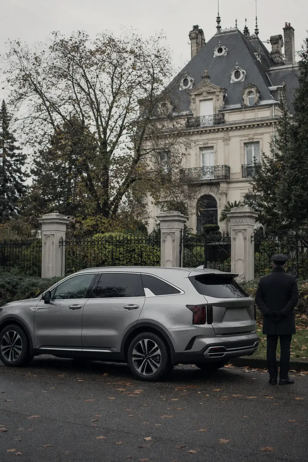 Le véhicule de Léman Exécutif devant une villa de Divonne-les-Bains, chauffeur prêt pour la prise en charge
